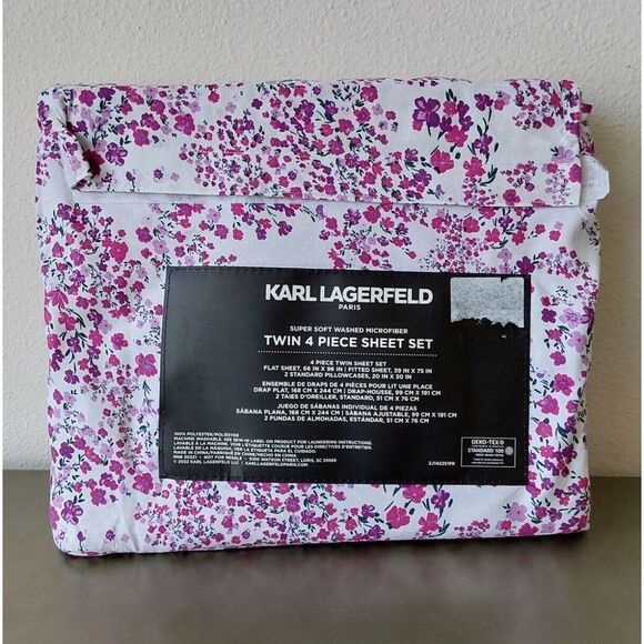 Karl Lagerfeld White Purple Floral TWIN Washed Super Soft 4 Piece Sheet Set - Picture 7 of 9